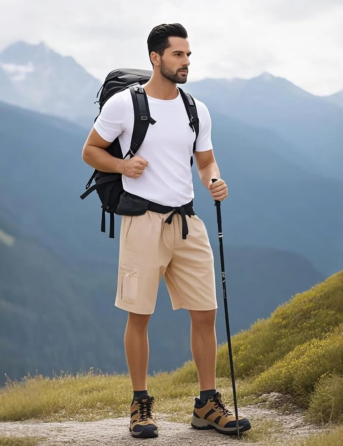 Mens Lightweight Hiking Cargo Shorts for Summer Athletic Casual Sports Outdoor Zipper Pockets Elastic Waist Quick Dry