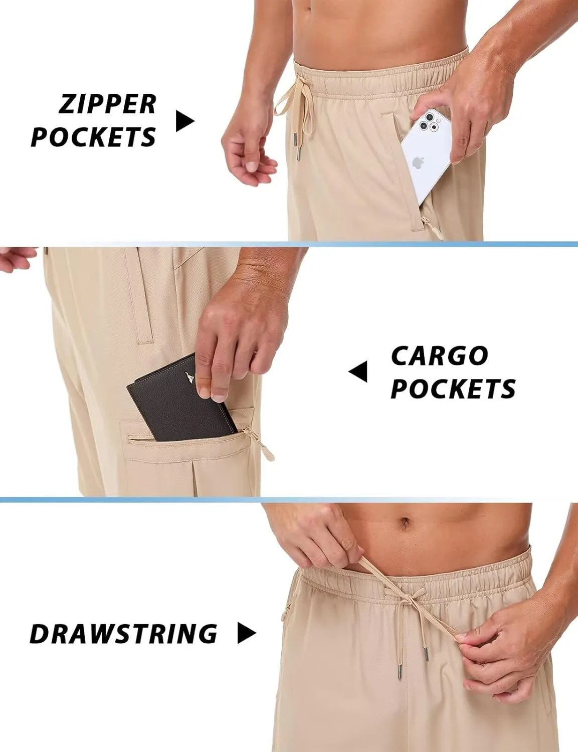 Mens Lightweight Hiking Cargo Shorts for Summer Athletic Casual Sports Outdoor Zipper Pockets Elastic Waist Quick Dry