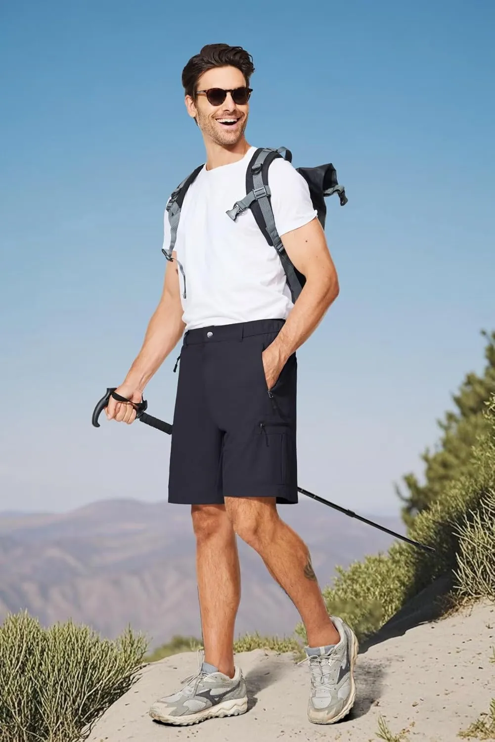 Mens Lightweight Hiking Cargo Shorts for Summer Athletic Casual Sports Outdoor Zipper Pockets Elastic Waist Quick Dry
