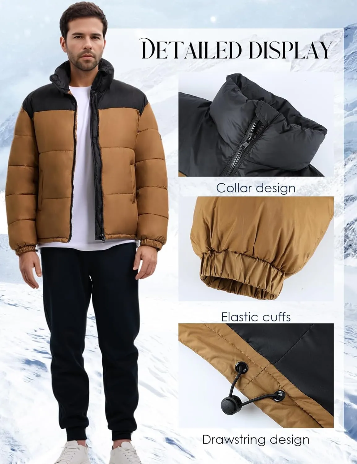 Mens Puffer Jacket Winter Warm Lightweight Puffy Coats Waterproof Long Sleeve Zip Up Quilted Parka Jackets