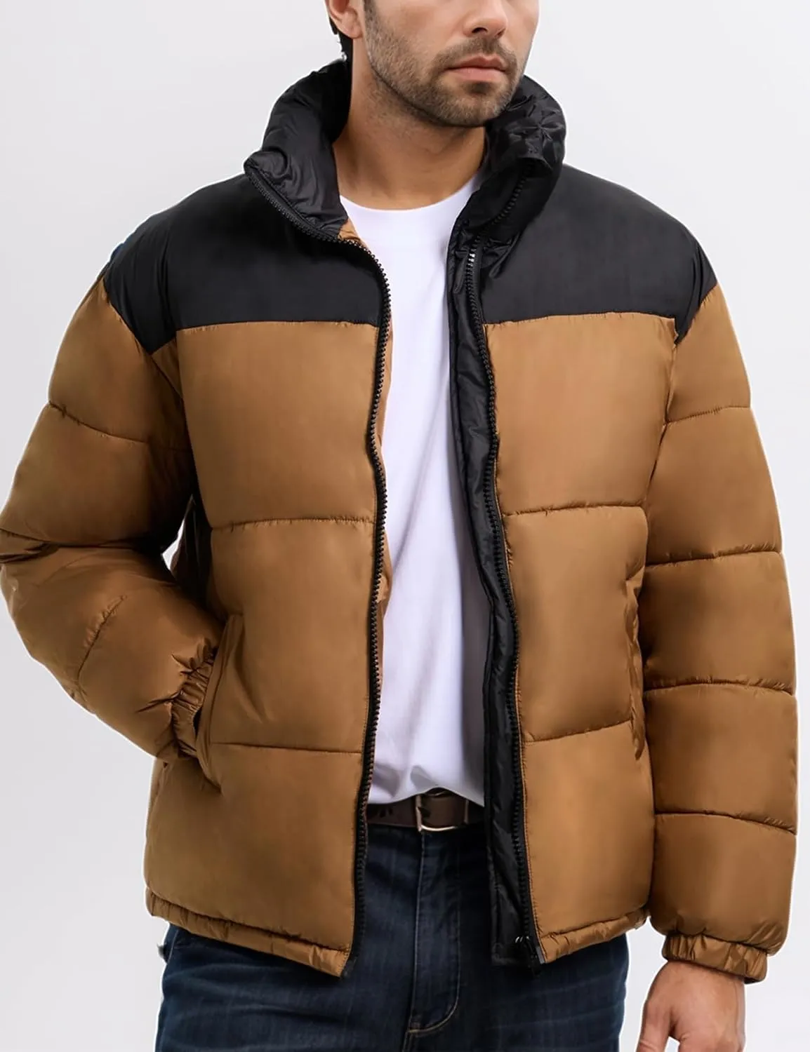 Mens Puffer Jacket Winter Warm Lightweight Puffy Coats Waterproof Long Sleeve Zip Up Quilted Parka Jackets