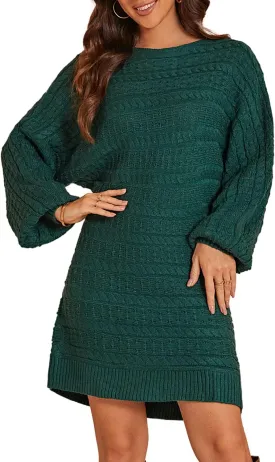 Miessial Women's Loose Oversized Cable Knit Sweater Mini Dress Casual Crewneck Long Sleeve Pullover Sweater Dress