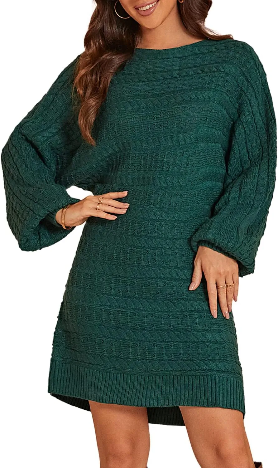Miessial Women's Loose Oversized Cable Knit Sweater Mini Dress Casual Crewneck Long Sleeve Pullover Sweater Dress