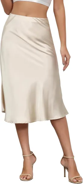 Mist Azur Women Silky Satin Side Split Skirt High Waist Elastic Elegant A Line Midi Skirts for Women