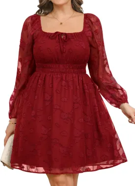 Pinup Fashion Plus Size Wedding Guest Dress 2025 - Graduation Spring Long Sleeve Floral Lace Short Dress