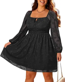 Pinup Fashion Plus Size Wedding Guest Dress 2025 - Graduation Spring Long Sleeve Floral Lace Short Dress