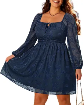 Pinup Fashion Plus Size Wedding Guest Dress 2025 - Graduation Spring Long Sleeve Floral Lace Short Dress