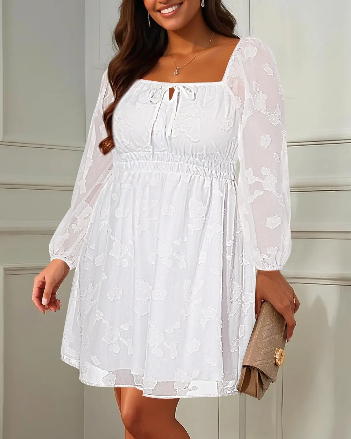 Pinup Fashion Plus Size Wedding Guest Dress 2025 - Graduation Spring Long Sleeve Floral Lace Short Dress