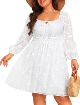 Pinup Fashion Plus Size Wedding Guest Dress 2025 - Graduation Spring Long Sleeve Floral Lace Short Dress