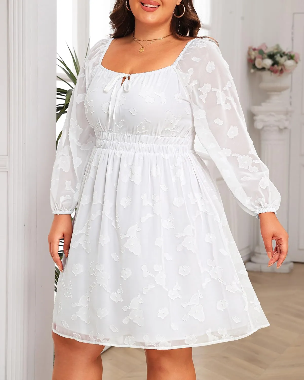 Pinup Fashion Plus Size Wedding Guest Dress 2025 - Graduation Spring Long Sleeve Floral Lace Short Dress