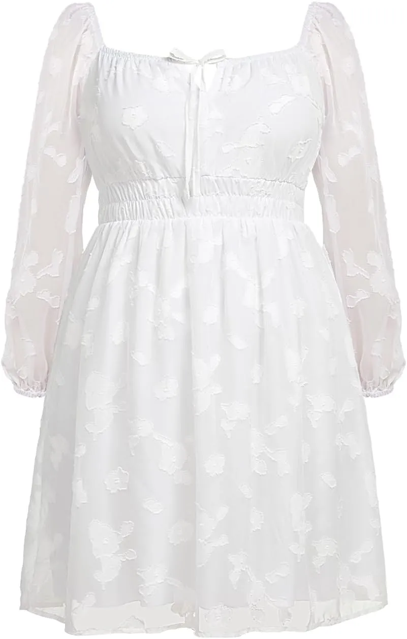 Pinup Fashion Plus Size Wedding Guest Dress 2025 - Graduation Spring Long Sleeve Floral Lace Short Dress