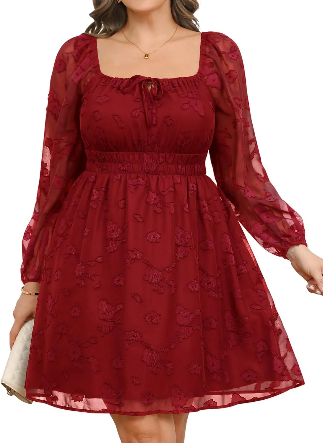 Pinup Fashion Plus Size Wedding Guest Dress 2025 - Graduation Spring Long Sleeve Floral Lace Short Dress