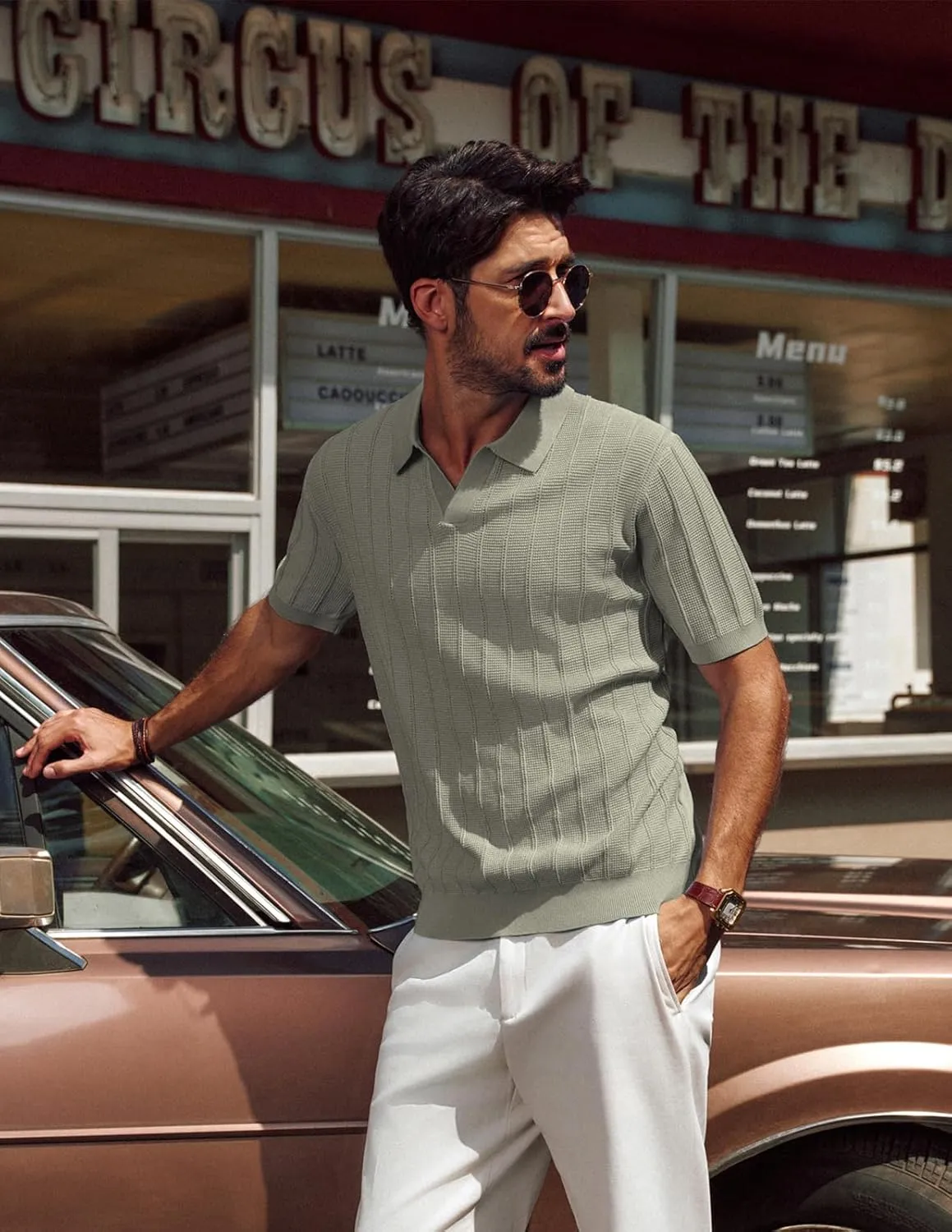 PJ PAUL JONES Mens Polo Shirts V-Neck Knit Polo Textured Summer Shirts