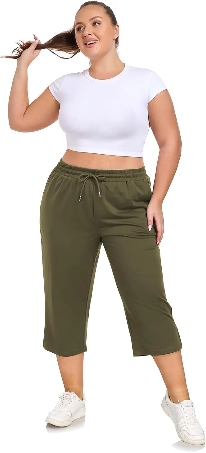 Plus Size Capri Pants for Women Loose Fit Yoga Pants with Pockets Workout Activewear Sweatpants