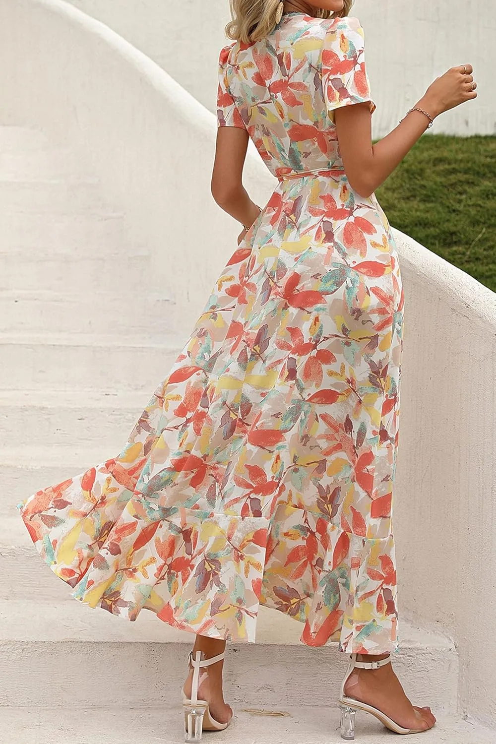 PRETTYGARDEN Women's Summer Maxi Dress Casual Wrap Floral Boho Short Sleeve V Neck Split Ruffle Beach Long Dresses