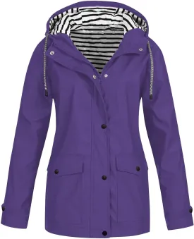 Rain Jacket Women,2024 Trendy Lightweight Zip Up Button Hooded Waterproof Windbreaker For Hiking Outdoor Travel