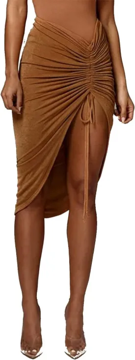Resnan Women's Sexy Ruched Split Side Skirts Bodycon Skirt Ruched Drawstring High Waist Asymmetrical High Low Hem Midi Skirt