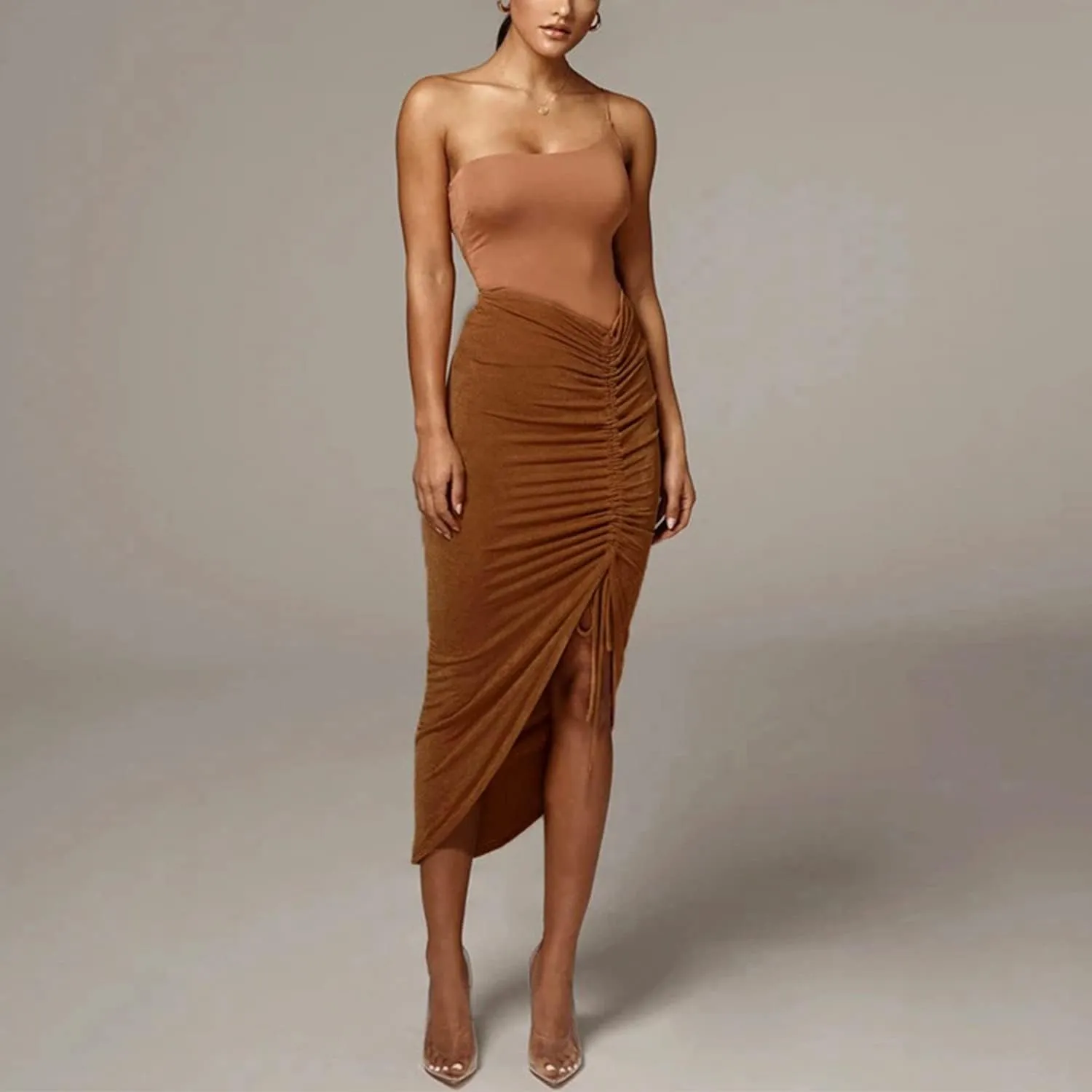Resnan Women's Sexy Ruched Split Side Skirts Bodycon Skirt Ruched Drawstring High Waist Asymmetrical High Low Hem Midi Skirt