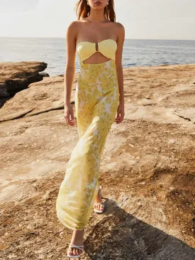 Sastianaen Women Y2k Strapless Tube Long Dress Floral Print Cut Out Backless Maxi Dress Summer Beach Sundress