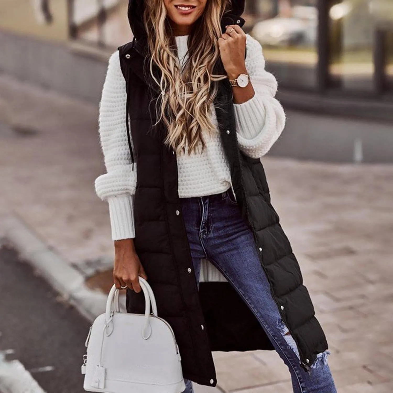 Smoneyful Women's Long Vest Sleeveless Lightweight Puffer Jacket Packable Hooded Down Coat Quilted Vest with Hood Winter