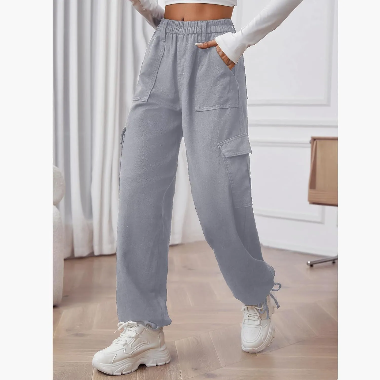Women High Waisted Cargo Pants Stretchy Baggy Casual Utility Pants Straight Leg Hiking Joggers Pants with Pockets