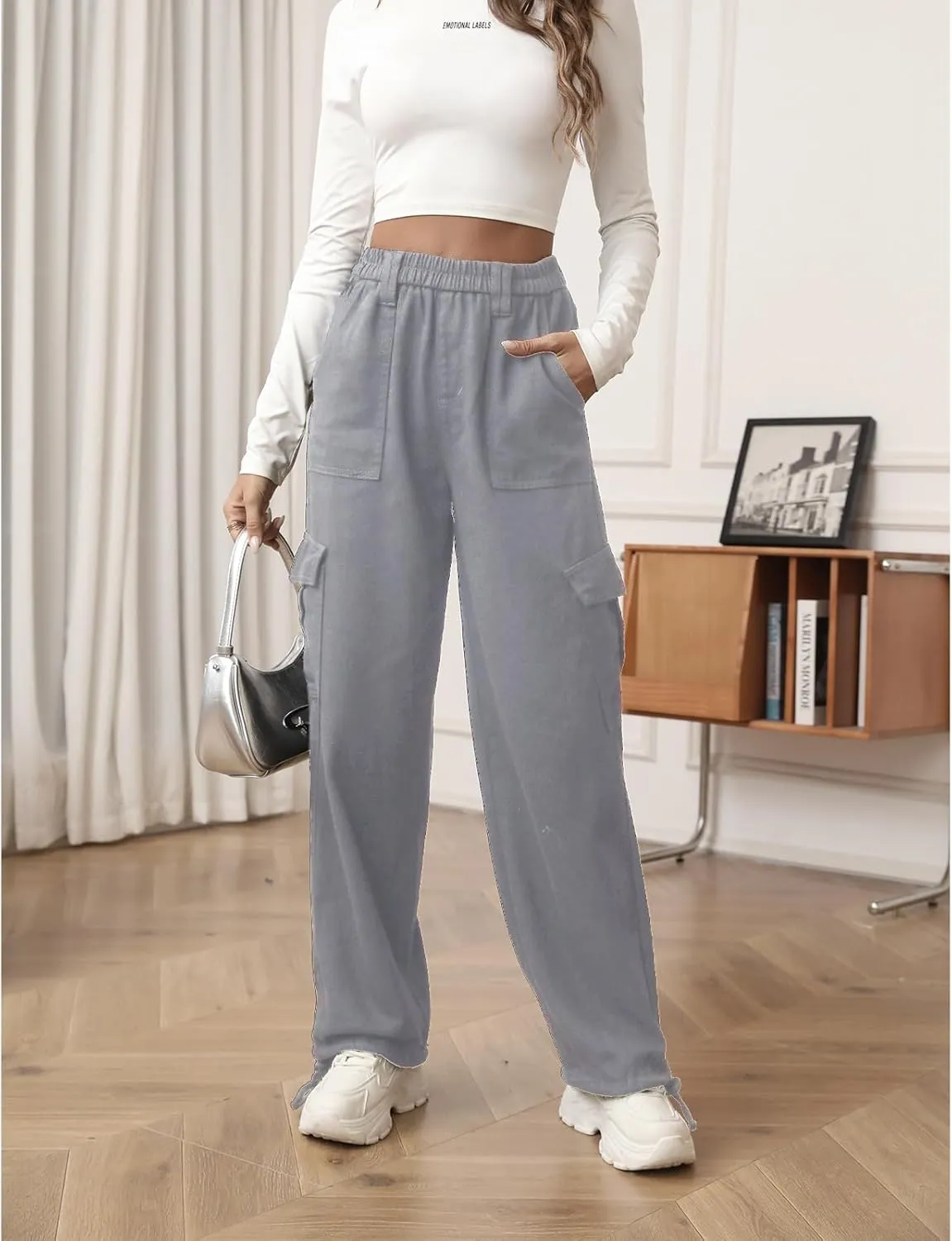 Women High Waisted Cargo Pants Stretchy Baggy Casual Utility Pants Straight Leg Hiking Joggers Pants with Pockets