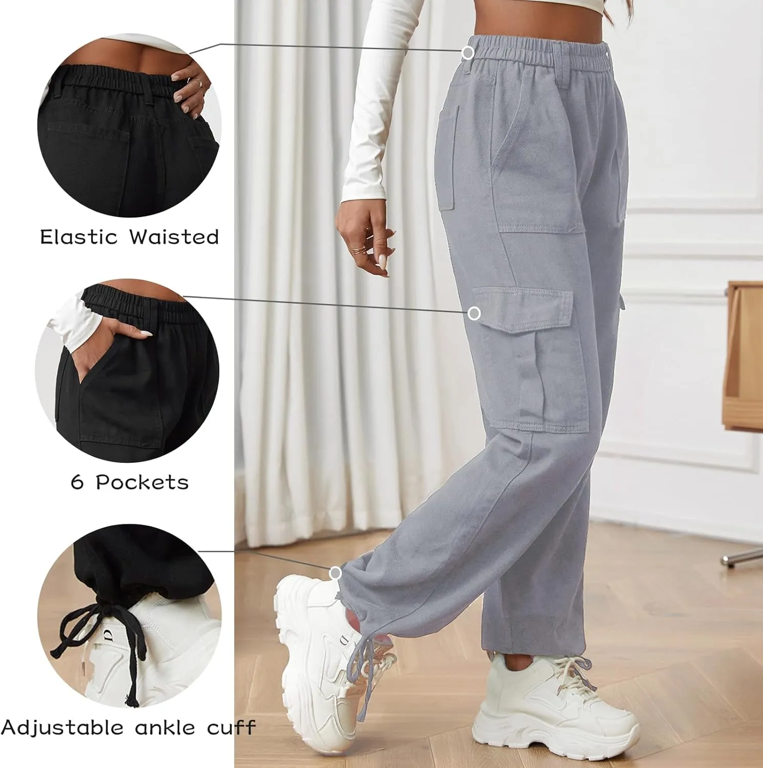 Women High Waisted Cargo Pants Stretchy Baggy Casual Utility Pants Straight Leg Hiking Joggers Pants with Pockets
