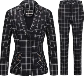Womens 2 Piece Plaid Suits Set Business Office One Button Blazer Jacket Casual Long Sleeve Pant Suit Set
