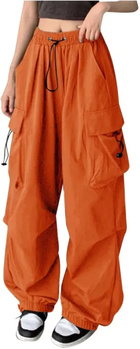 Womens Cargo Pants Baggy High Waisted Summer Wide Leg Casual 2025 Drawstring Elastic Waist with Pockets