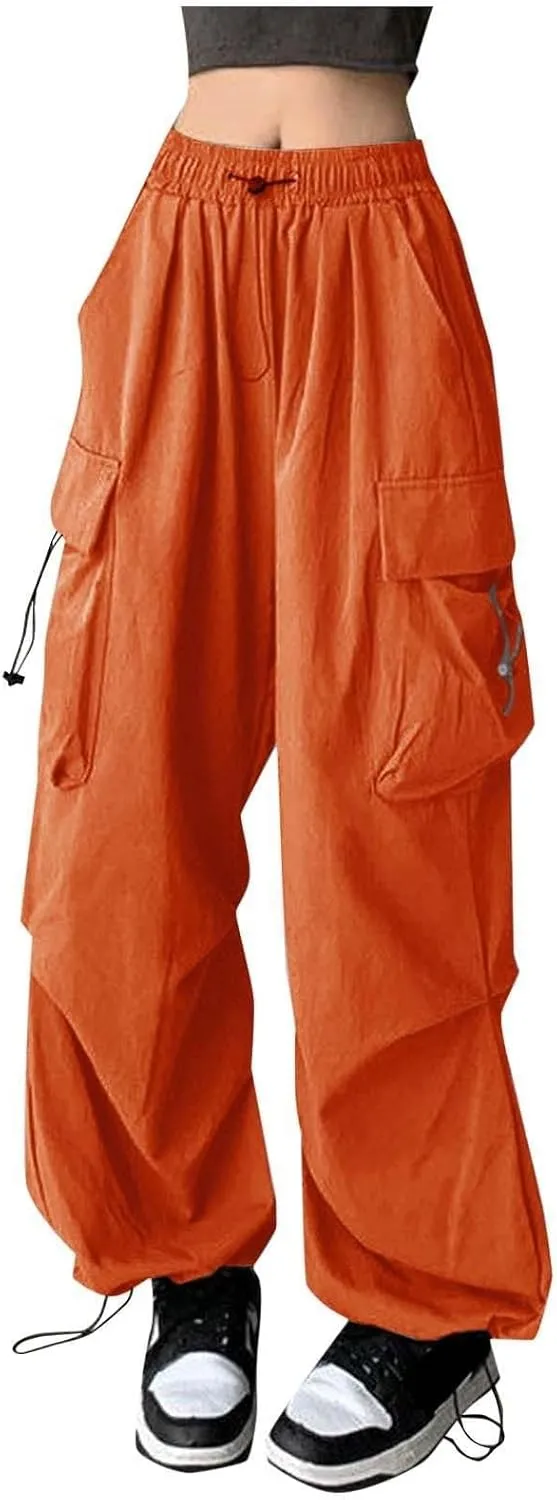 Womens Cargo Pants Baggy High Waisted Summer Wide Leg Casual 2025 Drawstring Elastic Waist with Pockets