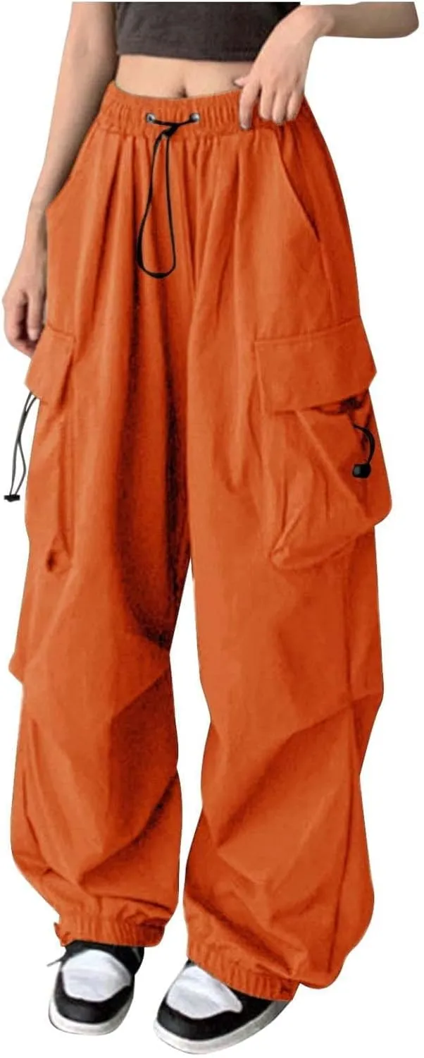 Womens Cargo Pants Baggy High Waisted Summer Wide Leg Casual 2025 Drawstring Elastic Waist with Pockets