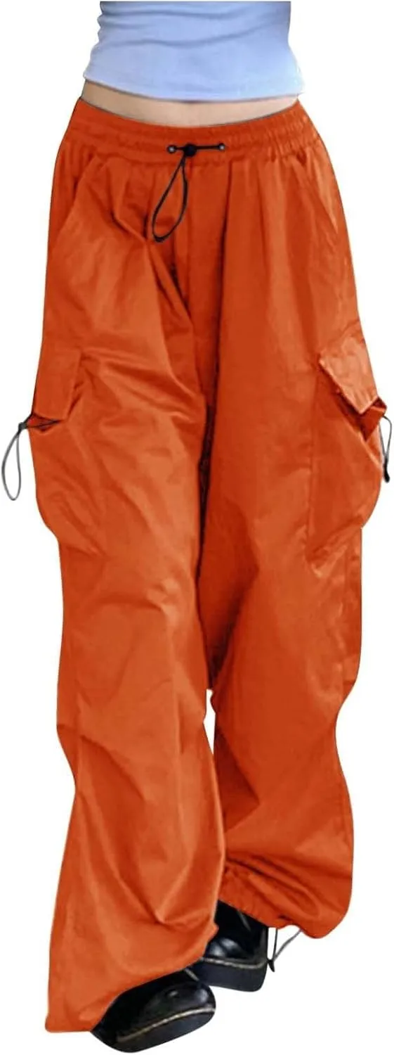 Womens Cargo Pants Baggy High Waisted Summer Wide Leg Casual 2025 Drawstring Elastic Waist with Pockets