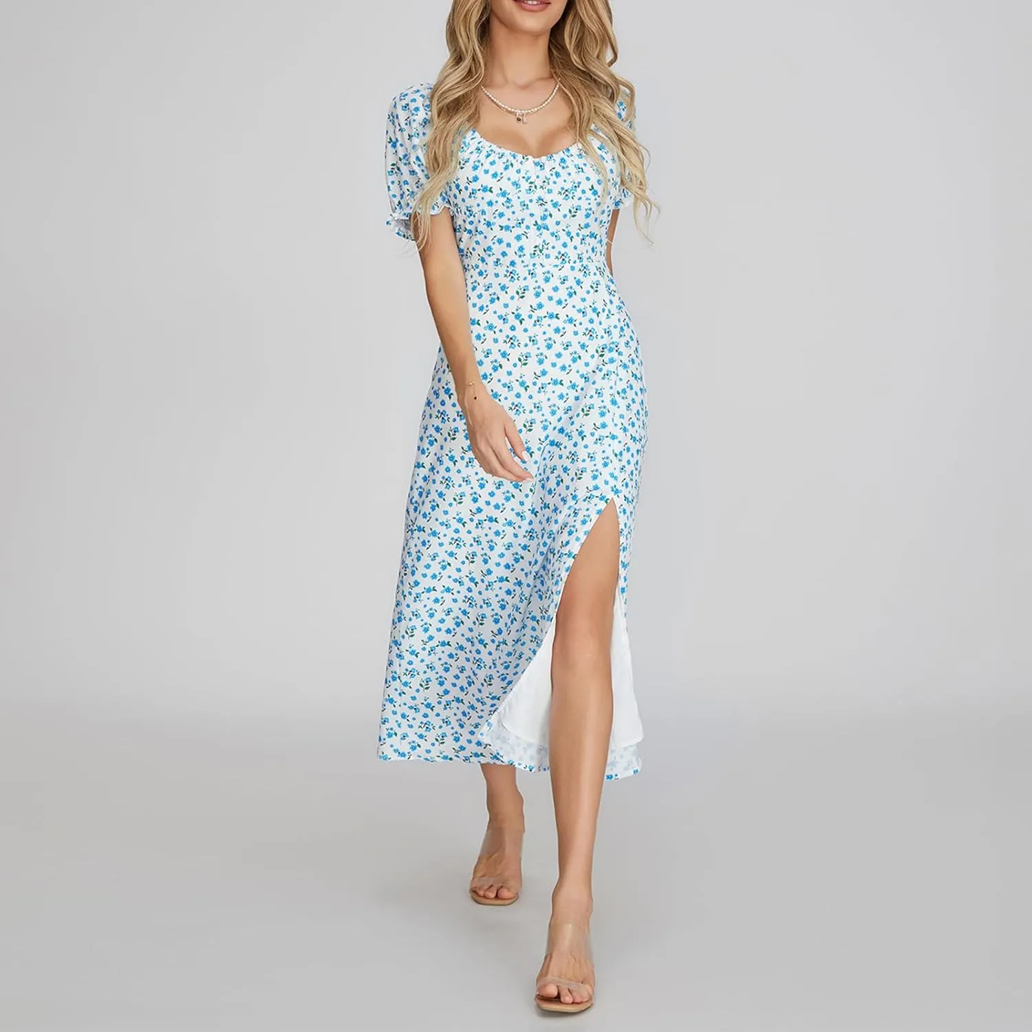 Women's Floral Print Tie Front Dress Square Neck Puff Sleeve Split Thigh Dress Boho Smocked Flowy A Line Long Dress
