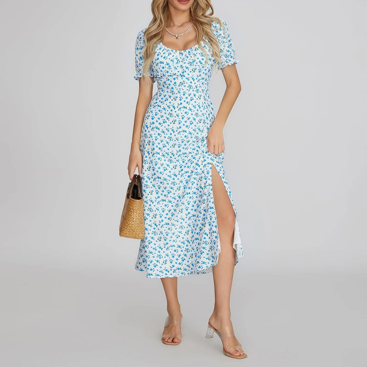 Women's Floral Print Tie Front Dress Square Neck Puff Sleeve Split Thigh Dress Boho Smocked Flowy A Line Long Dress