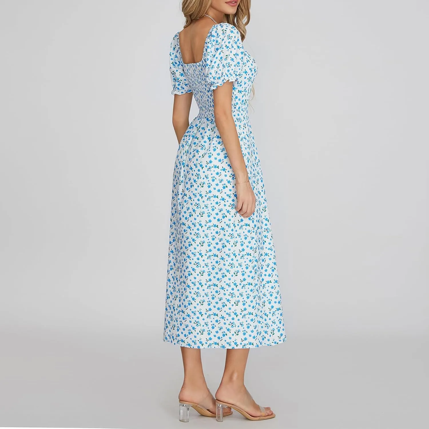 Women's Floral Print Tie Front Dress Square Neck Puff Sleeve Split Thigh Dress Boho Smocked Flowy A Line Long Dress