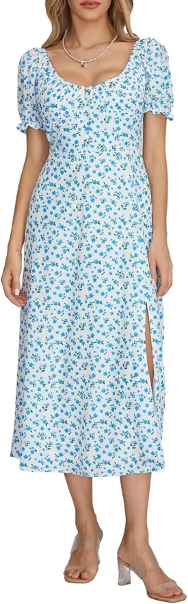 Women's Floral Print Tie Front Dress Square Neck Puff Sleeve Split Thigh Dress Boho Smocked Flowy A Line Long Dress