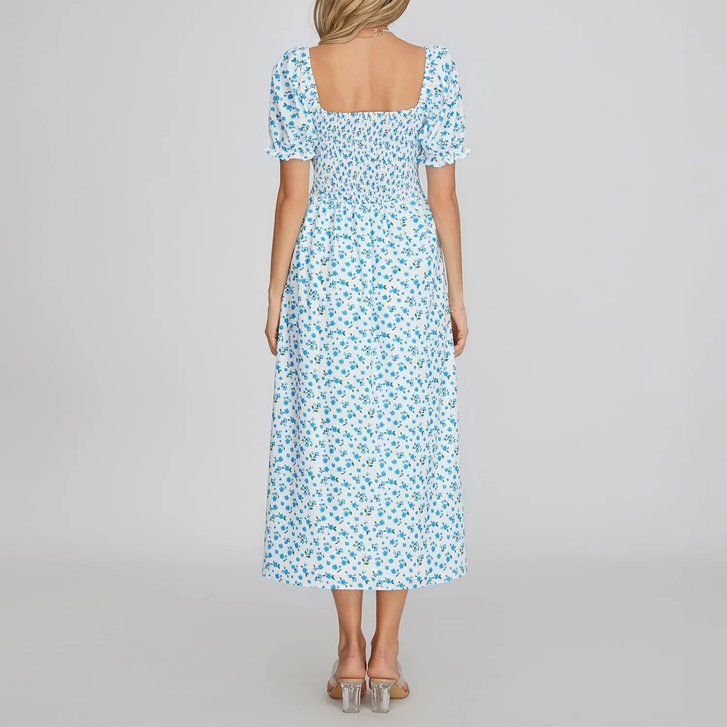 Women's Floral Print Tie Front Dress Square Neck Puff Sleeve Split Thigh Dress Boho Smocked Flowy A Line Long Dress