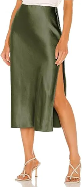 Womens High Waisted Satin Midi Skirts Elegant Flared A Line Elastic Waistband Silk Slit Skirt for Women