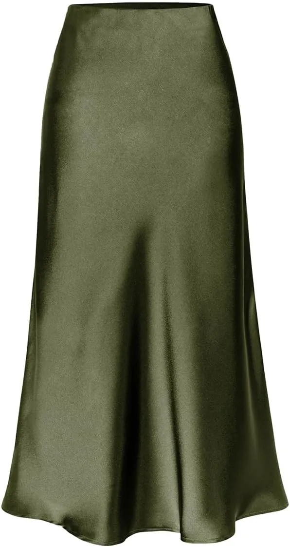 Womens High Waisted Satin Midi Skirts Elegant Flared A Line Elastic Waistband Silk Slit Skirt for Women