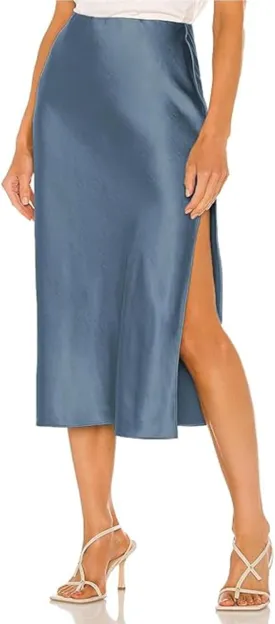 Womens High Waisted Satin Midi Skirts Elegant Flared A Line Elastic Waistband Silk Slit Skirt for Women