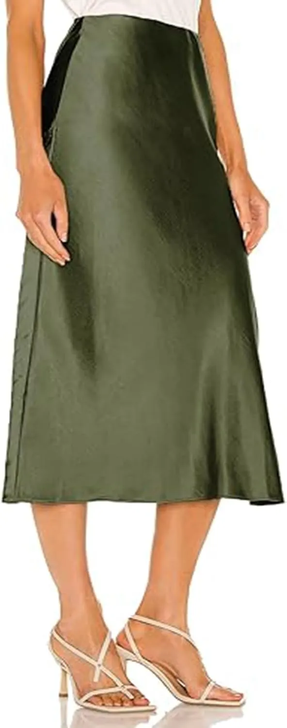 Womens High Waisted Satin Midi Skirts Elegant Flared A Line Elastic Waistband Silk Slit Skirt for Women