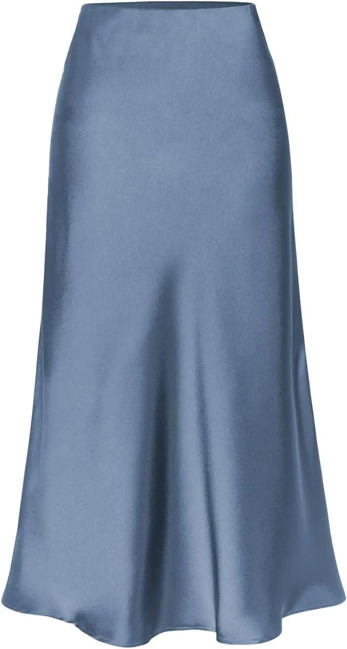 Womens High Waisted Satin Midi Skirts Elegant Flared A Line Elastic Waistband Silk Slit Skirt for Women