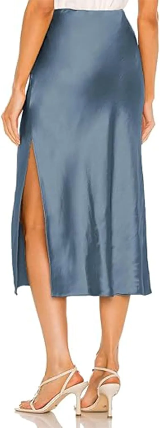 Womens High Waisted Satin Midi Skirts Elegant Flared A Line Elastic Waistband Silk Slit Skirt for Women