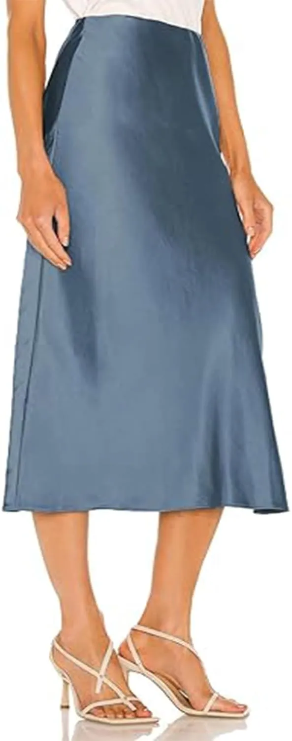 Womens High Waisted Satin Midi Skirts Elegant Flared A Line Elastic Waistband Silk Slit Skirt for Women