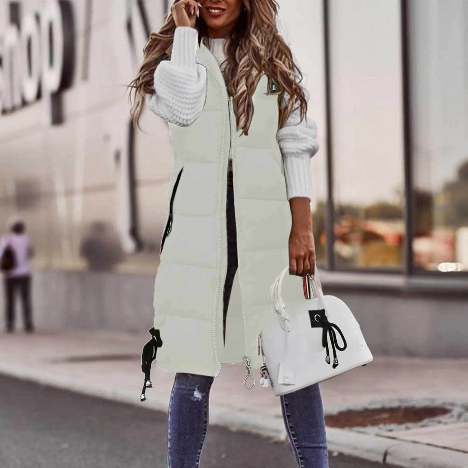 Women's Long Vest Sleeveless Lightweight Puffer Jacket Packable Hooded Down Coat Quilted Vest with Hood Winter