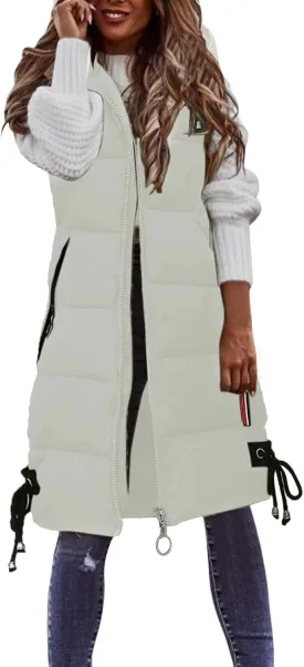 Women's Long Vest Sleeveless Lightweight Puffer Jacket Packable Hooded Down Coat Quilted Vest with Hood Winter