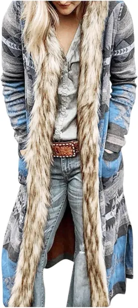 Women's Winter Long Jacket Open Front Coat Cardigan Vintage Western Coats Faux Fur Trim Parka Outerwear with Pockets