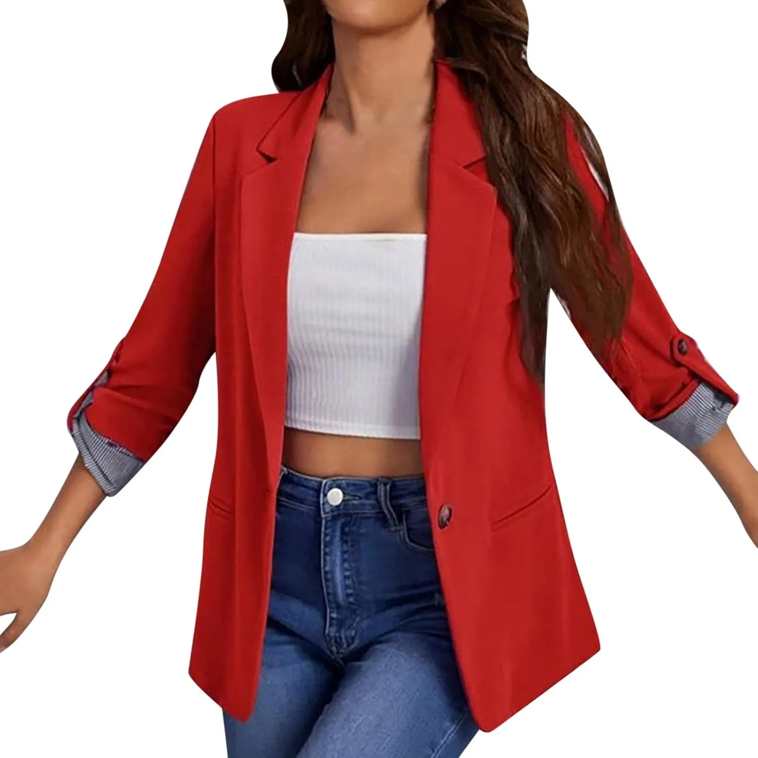 Womens Work Casual Roll up Sleeves Blazer Open Front Cardigan Business Office Suit Jackets Dressy Jackets Blazer