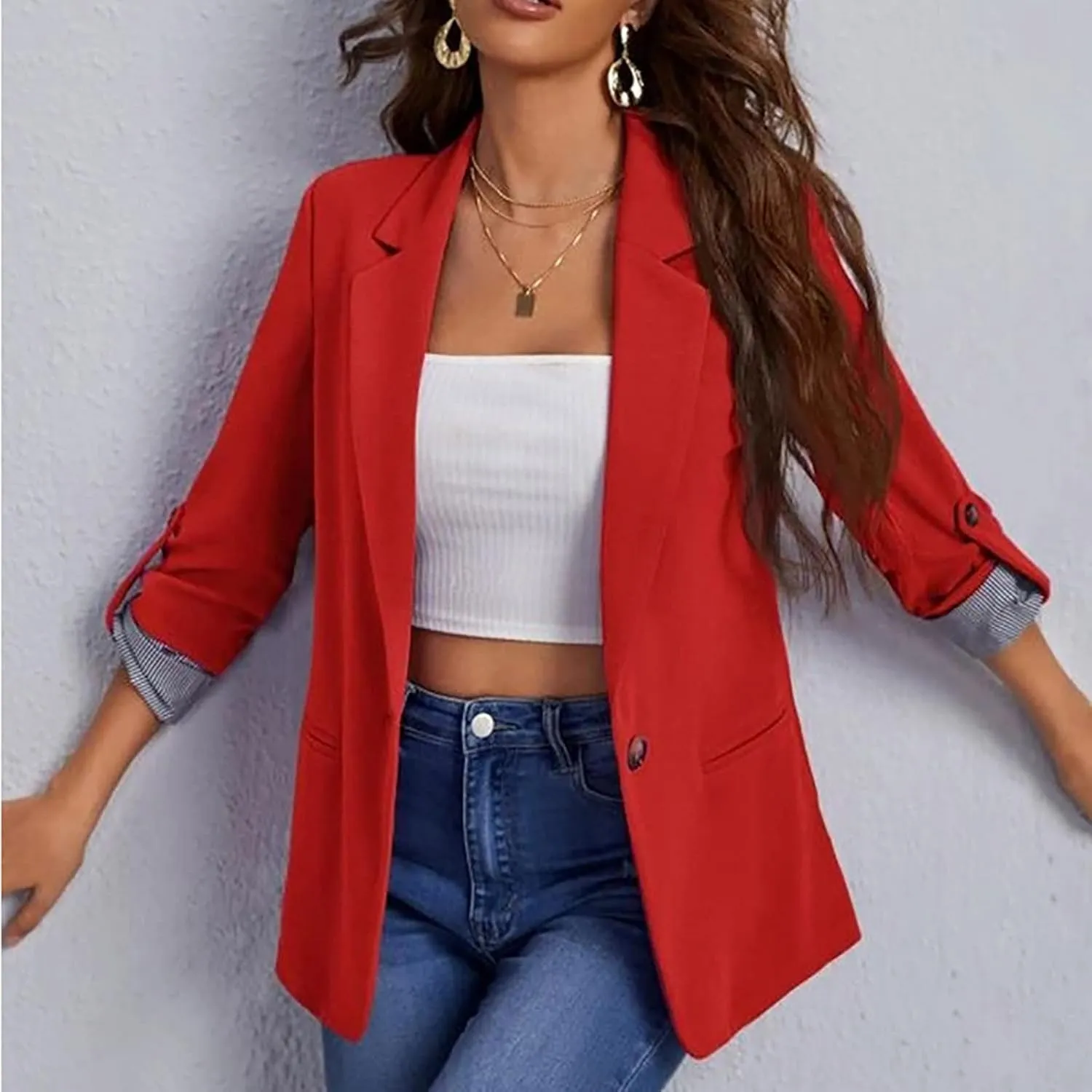 Womens Work Casual Roll up Sleeves Blazer Open Front Cardigan Business Office Suit Jackets Dressy Jackets Blazer