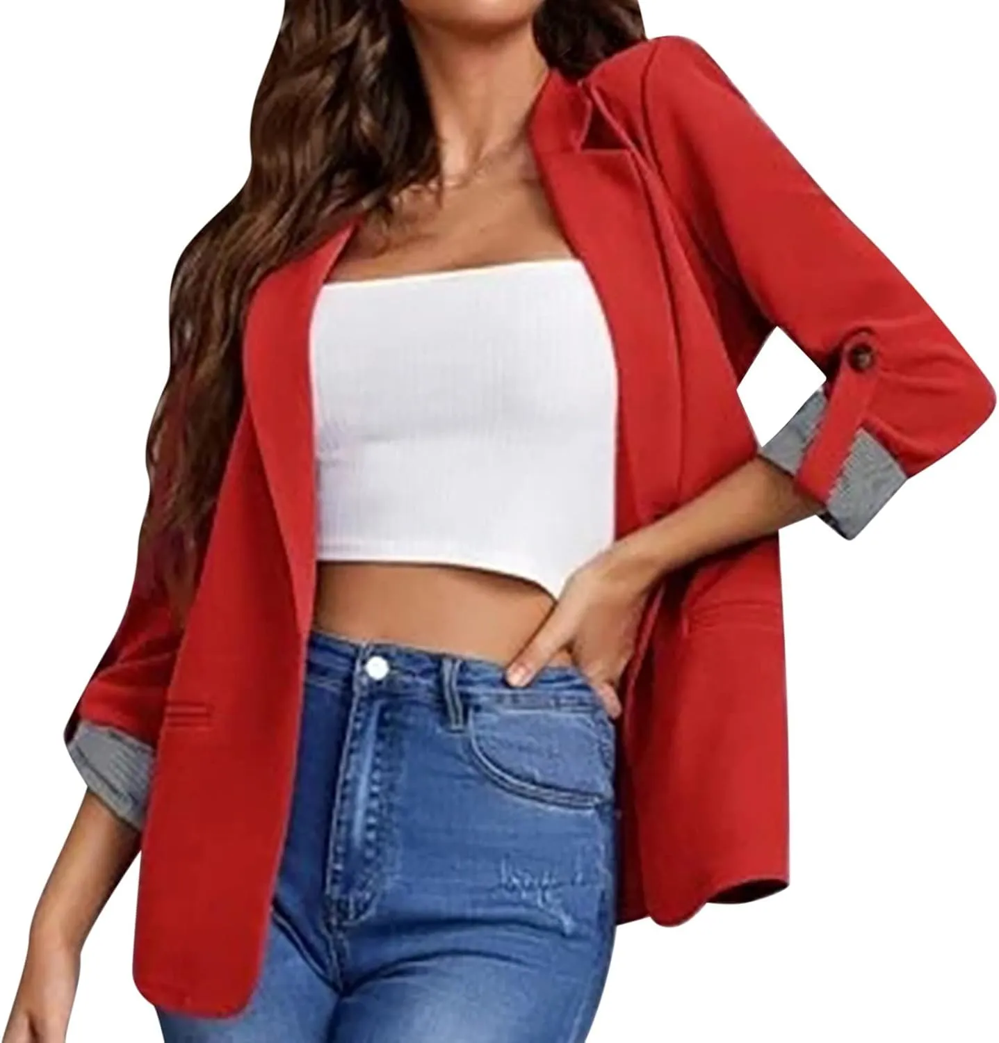 Womens Work Casual Roll up Sleeves Blazer Open Front Cardigan Business Office Suit Jackets Dressy Jackets Blazer